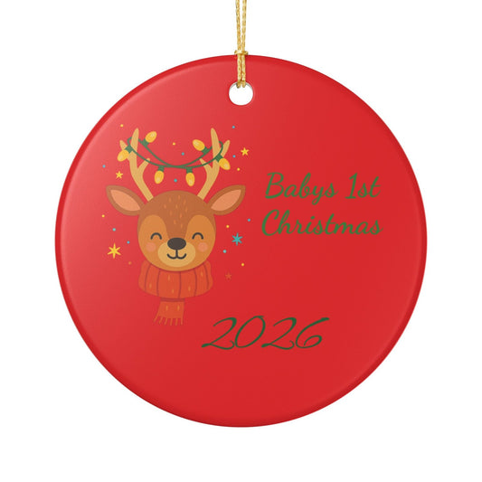 Baby’s 1st Christmas Ceramic Ornament — Personalized Red Reindeer Keepsake