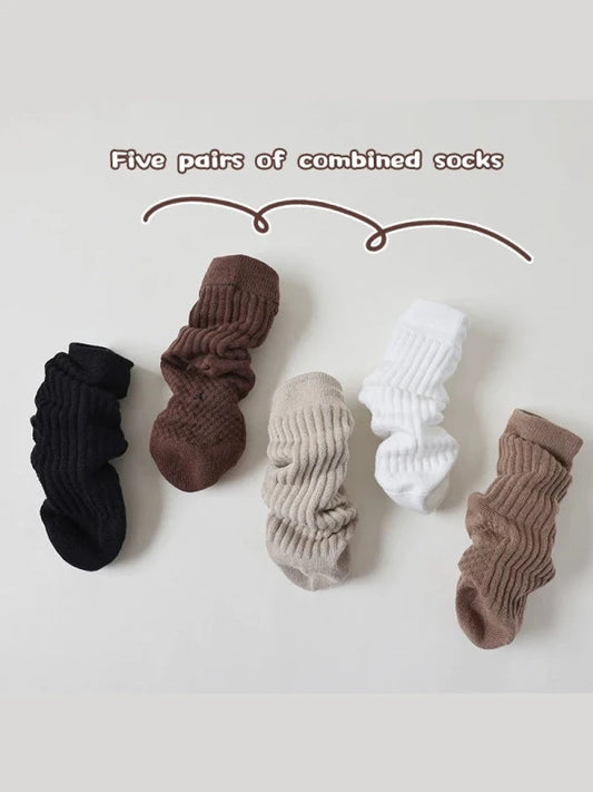5pairs Children's Socks Spring and Autumn Boys and Girls Middle Socks Retro Solid Color Baby Cotton Socks 2-12Years
