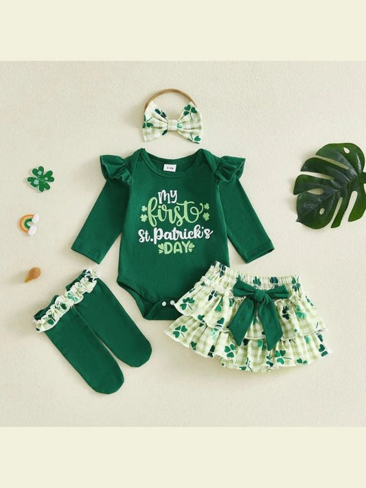 Baby Girls Irish Outfit Long Sleeve Shamrock Letter Print Romper Shorts Headband Socks Set Infant Clothes