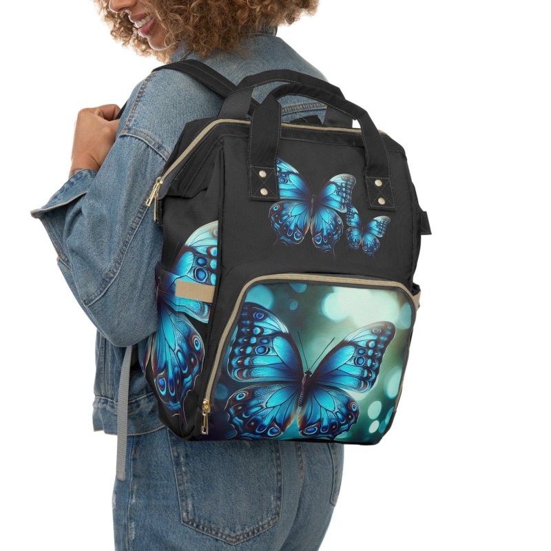 Butterfly Blue/Black Diaper Backpack | Stylish Baby Bag, Maternity Backpack, Toddler Travel Bag, Nursing Essentials, Mom Bag