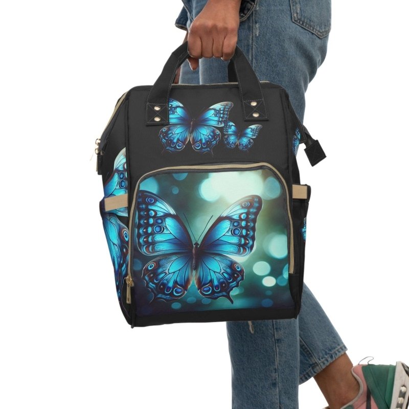 Butterfly Blue/Black Diaper Backpack | Stylish Baby Bag, Maternity Backpack, Toddler Travel Bag, Nursing Essentials, Mom Bag