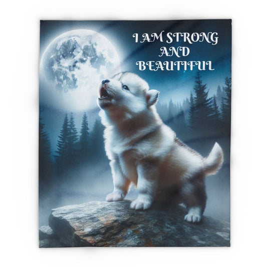 Cozy Arctic Fleece Blanket with Wolf Design - I Am Strong and Beautiful, Perfect Gift for Animal Lovers, Home Decor, Winter Warmth, ...