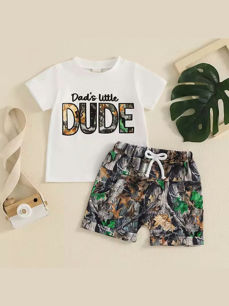 Boys 2pcs Summer Dads Little Dude Short Sleeve Letter Print T-shirt with Leaves Print Shorts Outfits