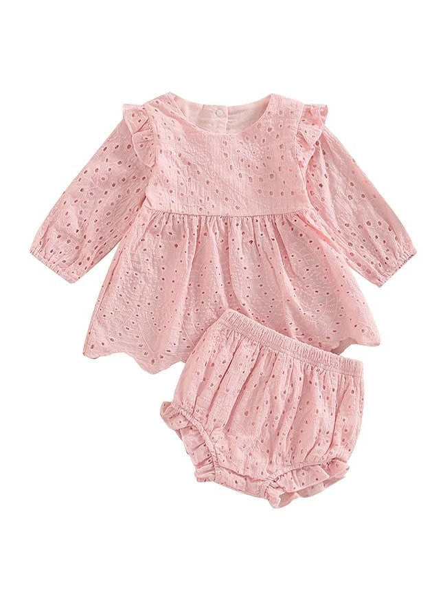 Newborn Baby Girls 0 - 24M Solid Ruffles Long Sleeve Pleated Dress+Shorts Bloomers Cotton Outfits - Hands & Toes
