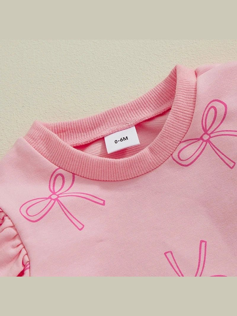 Pink Girls 2PCS Winter Sets Long Sleeve Pullover Sweater LargeBow Drawstring Pants