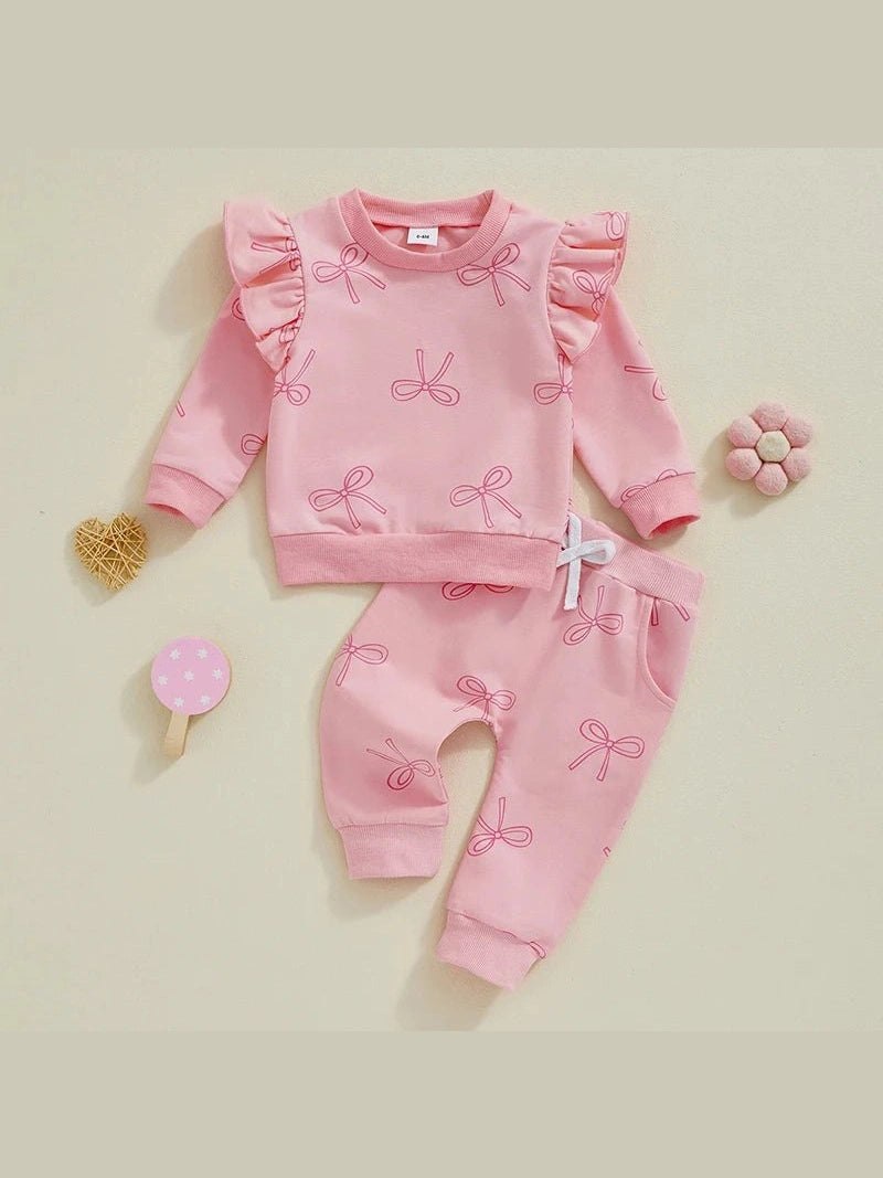 Pink Girls 2PCS Winter Sets Long Sleeve Pullover Sweater LargeBow Drawstring Pants