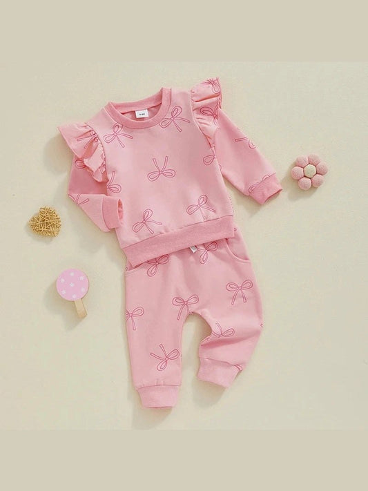 Pink Girls 2PCS Winter Sets Long Sleeve Pullover Sweater LargeBow Drawstring Pants