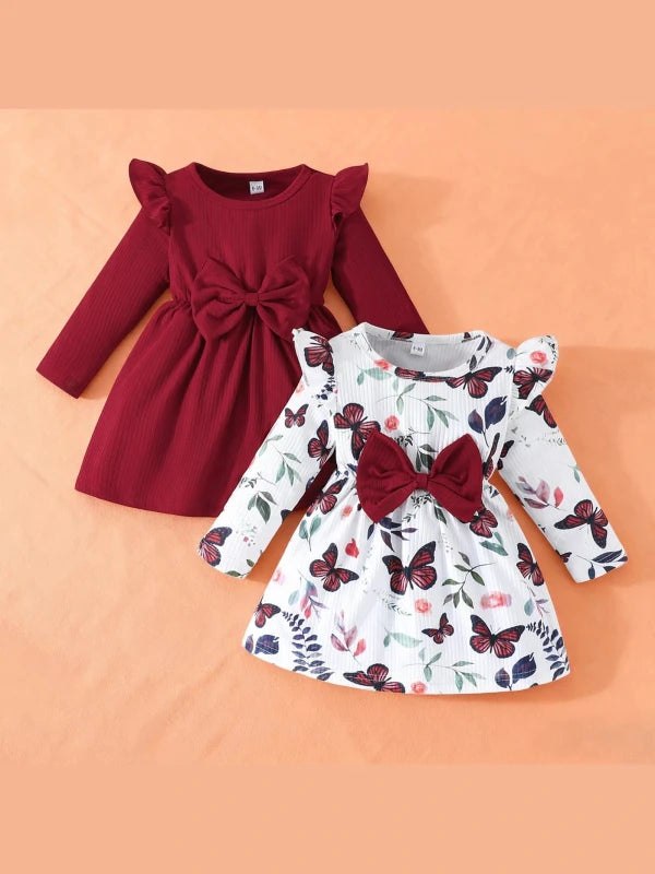 2piece Pudcoco Baby Girls Fall Dresses Long Sleeve Round Neck Bow Dress Toddler Casual Dress Set 6M-3T