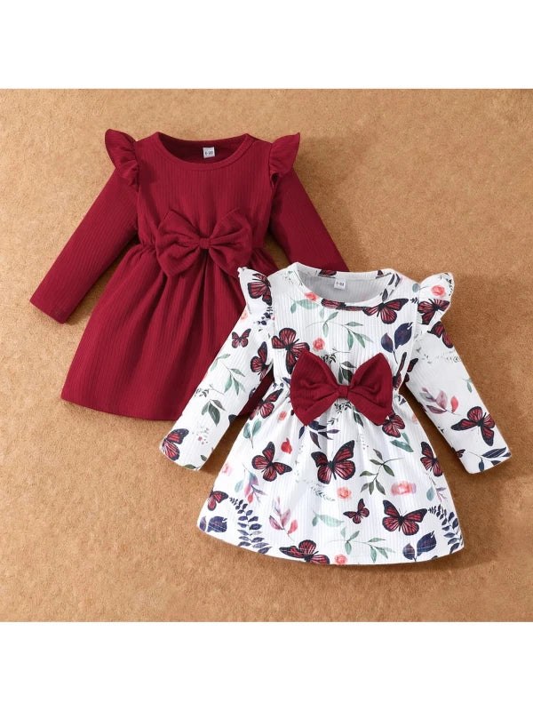 2piece Pudcoco Baby Girls Fall Dresses Long Sleeve Round Neck Bow Dress Toddler Casual Dress Set 6M-3T