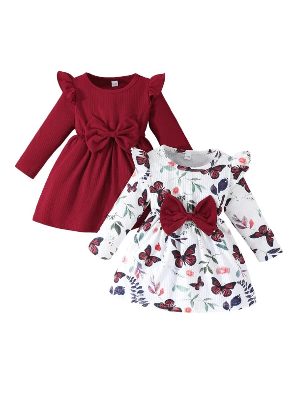 2piece Pudcoco Baby Girls Fall Dresses Long Sleeve Round Neck Bow Dress Toddler Casual Dress Set 6M-3T