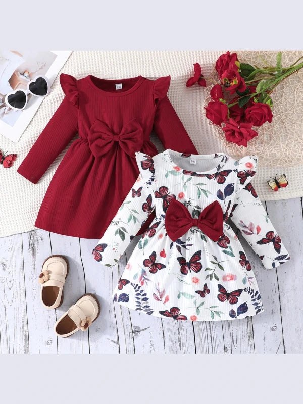 2piece Pudcoco Baby Girls Fall Dresses Long Sleeve Round Neck Bow Dress Toddler Casual Dress Set 6M-3T