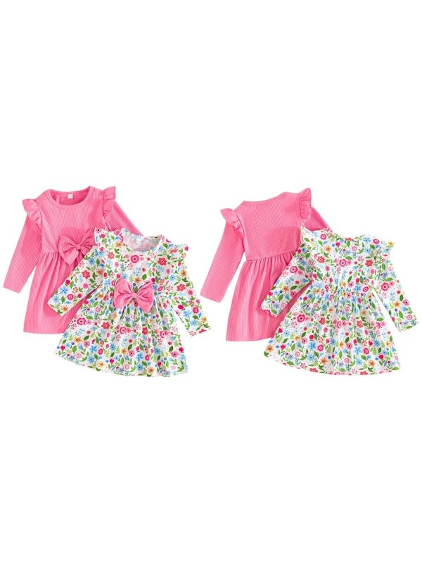2piece Pudcoco Baby Girls Fall Dresses Long Sleeve Round Neck Bow Dress Toddler Casual Dress Set 6M-3T