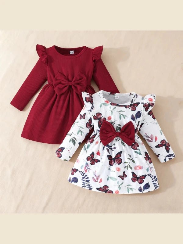 2piece Pudcoco Baby Girls Fall Dresses Long Sleeve Round Neck Bow Dress Toddler Casual Dress Set 6M-3T