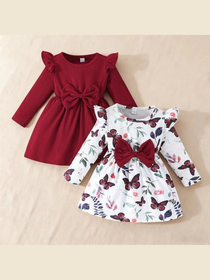 2piece Pudcoco Baby Girls Fall Dresses Long Sleeve Round Neck Bow Dress Toddler Casual Dress Set 6M-3T