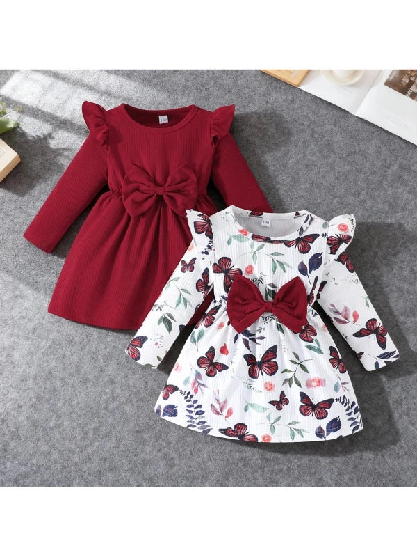 2piece Pudcoco Baby Girls Fall Dresses Long Sleeve Round Neck Bow Dress Toddler Casual Dress Set 6M-3T