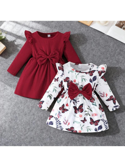 2piece Pudcoco Baby Girls Fall Dresses Long Sleeve Round Neck Bow Dress Toddler Casual Dress Set 6M-3T