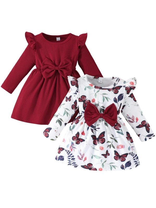 2piece Pudcoco Baby Girls Fall Dresses Long Sleeve Round Neck Bow Dress Toddler Casual Dress Set 6M-3T