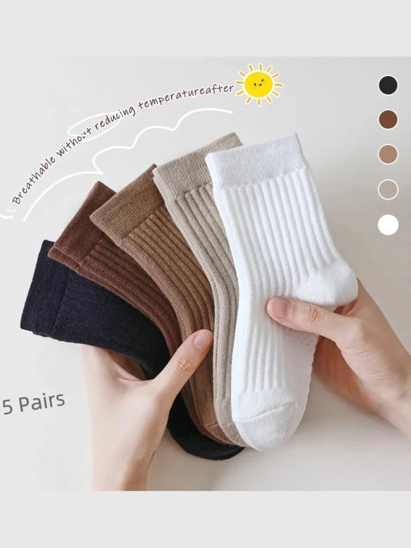 5pairs Children's Socks Spring and Autumn Boys and Girls Middle Socks Retro Solid Color Baby Cotton Socks 2-12Years
