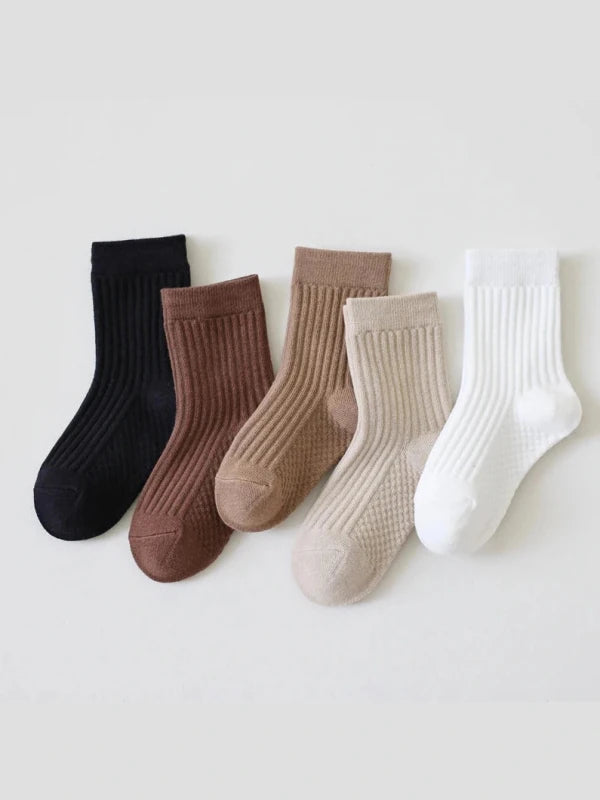 5pairs Children's Socks Spring and Autumn Boys and Girls Middle Socks Retro Solid Color Baby Cotton Socks 2-12Years
