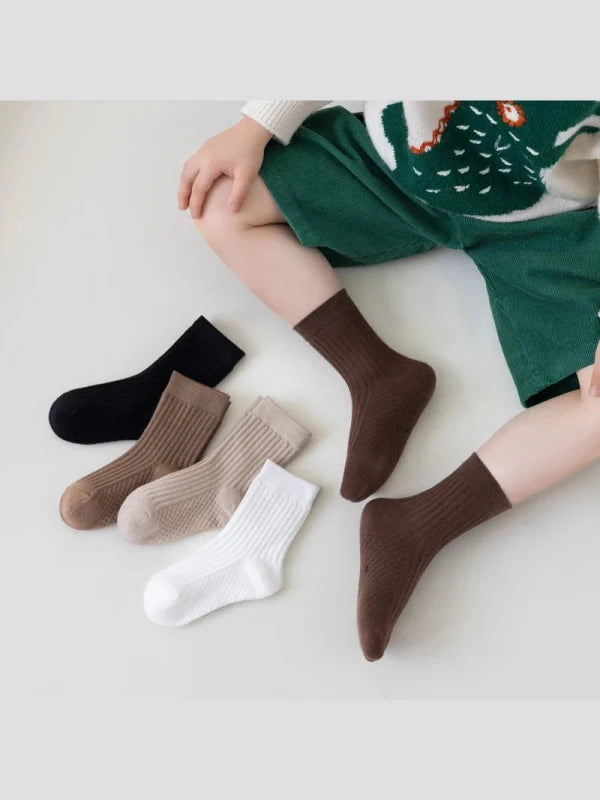 5pairs Children's Socks Spring and Autumn Boys and Girls Middle Socks Retro Solid Color Baby Cotton Socks 2-12Years