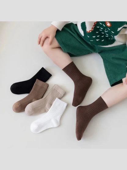 5pairs Children's Socks Spring and Autumn Boys and Girls Middle Socks Retro Solid Color Baby Cotton Socks 2-12Years