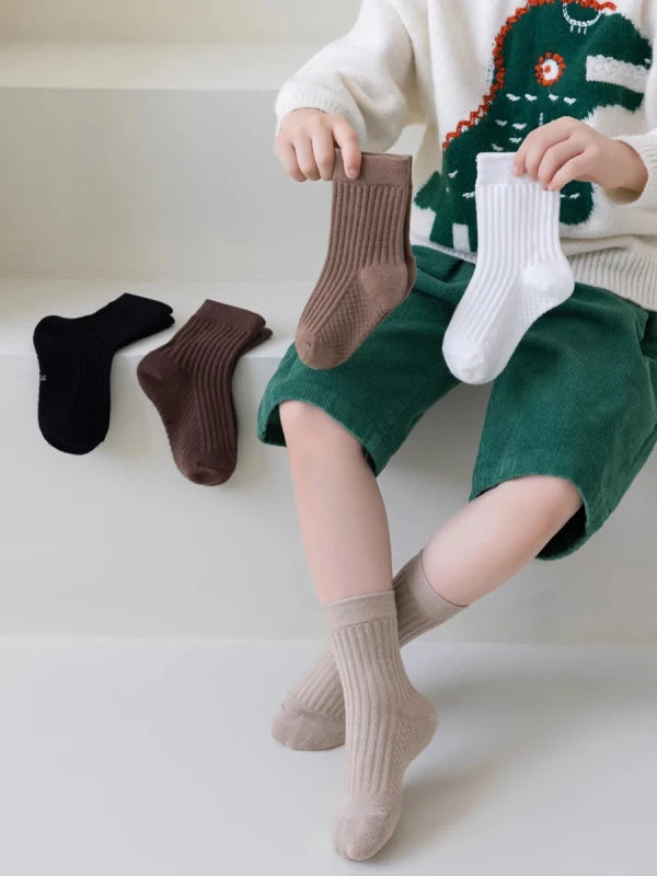5pairs Children's Socks Spring and Autumn Boys and Girls Middle Socks Retro Solid Color Baby Cotton Socks 2-12Years