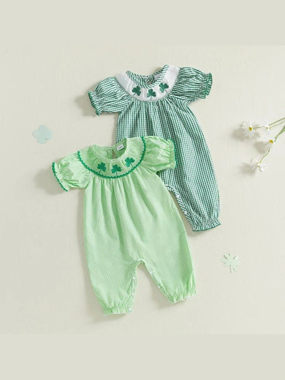 Baby Girl St Patricks Day Outfit Clover Short Sleeve Jumpsuit Plaid Smock Bubble Romper Newborn Irish Clothes - Hands & Toes