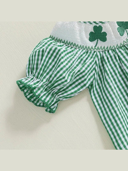 Baby Girl St Patricks Day Outfit Clover Short Sleeve Jumpsuit Plaid Smock Bubble Romper Newborn Irish Clothes - Hands & Toes