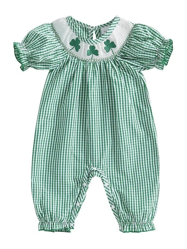 Baby Girl St Patricks Day Outfit Clover Short Sleeve Jumpsuit Plaid Smock Bubble Romper Newborn Irish Clothes - Hands & Toes