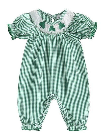 Baby Girl St Patricks Day Outfit Clover Short Sleeve Jumpsuit Plaid Smock Bubble Romper Newborn Irish Clothes - Hands & Toes