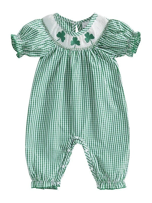 Baby Girl St Patricks Day Outfit Clover Short Sleeve Jumpsuit Plaid Smock Bubble Romper Newborn Irish Clothes - Hands & Toes