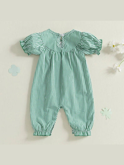 Baby Girl St Patricks Day Outfit Clover Short Sleeve Jumpsuit Plaid Smock Bubble Romper Newborn Irish Clothes - Hands & Toes