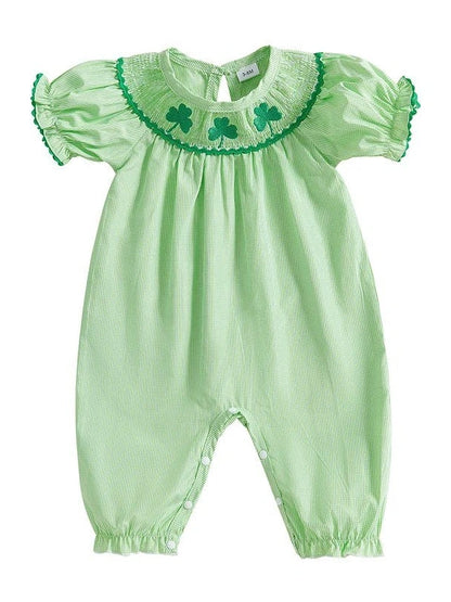 Baby Girl St Patricks Day Outfit Clover Short Sleeve Jumpsuit Plaid Smock Bubble Romper Newborn Irish Clothes - Hands & Toes