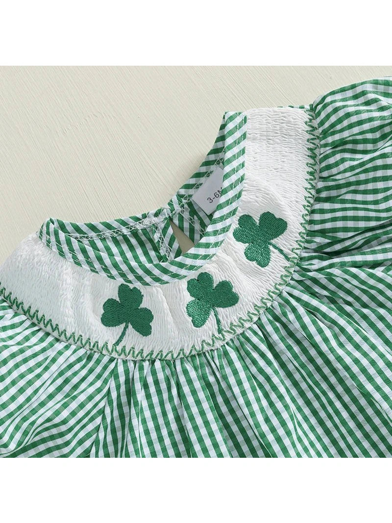 Baby Girl St Patricks Day Outfit Clover Short Sleeve Jumpsuit Plaid Smock Bubble Romper Newborn Irish Clothes - Hands & Toes