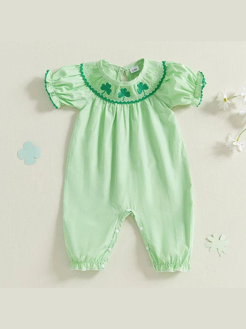 Baby Girl St Patricks Day Outfit Clover Short Sleeve Jumpsuit Plaid Smock Bubble Romper Newborn Irish Clothes - Hands & Toes