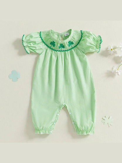 Baby Girl St Patricks Day Outfit Clover Short Sleeve Jumpsuit Plaid Smock Bubble Romper Newborn Irish Clothes - Hands & Toes
