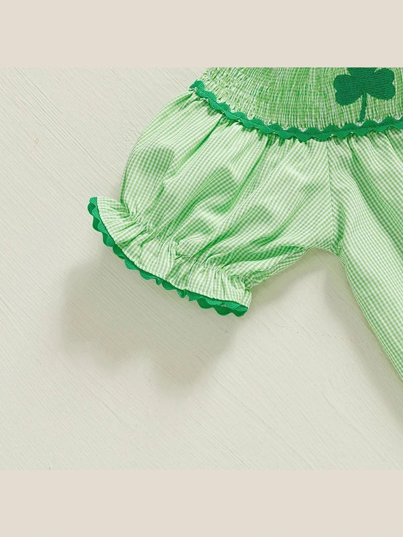 Baby Girl St Patricks Day Outfit Clover Short Sleeve Jumpsuit Plaid Smock Bubble Romper Newborn Irish Clothes - Hands & Toes