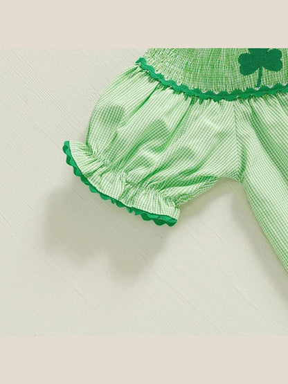 Baby Girl St Patricks Day Outfit Clover Short Sleeve Jumpsuit Plaid Smock Bubble Romper Newborn Irish Clothes - Hands & Toes