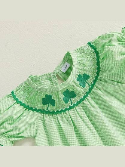 Baby Girl St Patricks Day Outfit Clover Short Sleeve Jumpsuit Plaid Smock Bubble Romper Newborn Irish Clothes - Hands & Toes