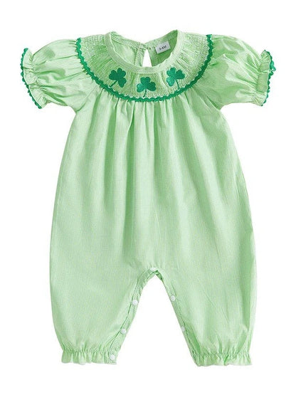 Baby Girl St Patricks Day Outfit Clover Short Sleeve Jumpsuit Plaid Smock Bubble Romper Newborn Irish Clothes - Hands & Toes