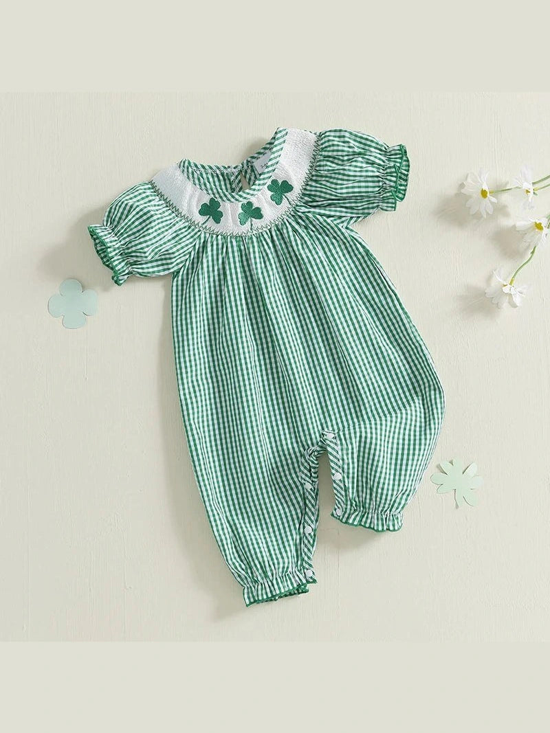 Baby Girl St Patricks Day Outfit Clover Short Sleeve Jumpsuit Plaid Smock Bubble Romper Newborn Irish Clothes - Hands & Toes