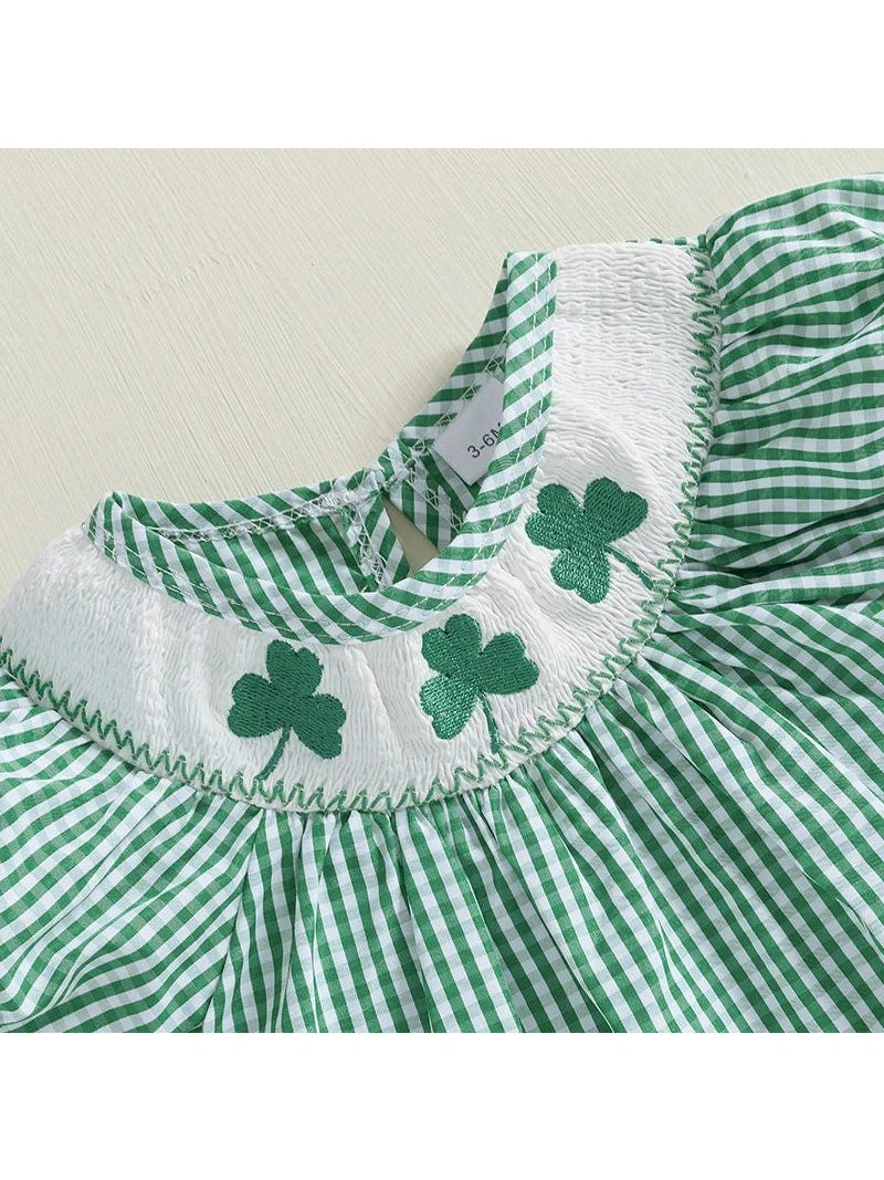 Baby Girl St Patricks Day Outfit Clover Short Sleeve Jumpsuit Plaid Smock Bubble Romper Newborn Irish Clothes - Hands & Toes