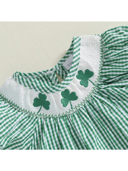 Baby Girl St Patricks Day Outfit Clover Short Sleeve Jumpsuit Plaid Smock Bubble Romper Newborn Irish Clothes - Hands & Toes
