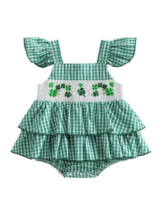 Baby Girl Summer Romper Classic Ruffle Sleeveless Shamrock Embroidery Bodysuit Newborn Playsuit - Hands & Toes