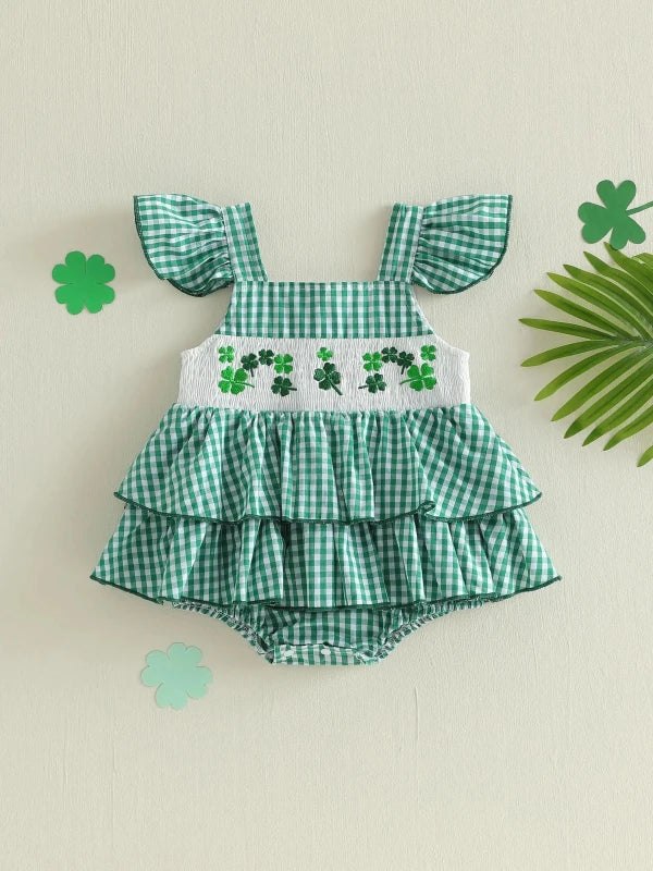 Baby Girl Summer Romper Classic Ruffle Sleeveless Shamrock Embroidery Bodysuit Newborn Playsuit - Hands & Toes