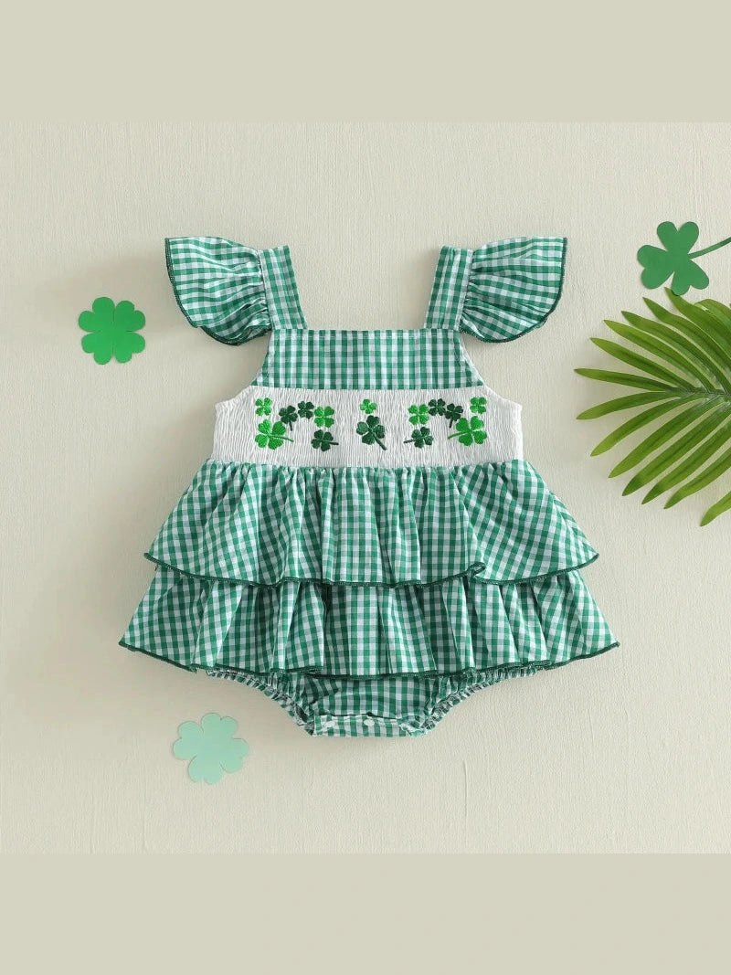 Baby Girl Summer Romper Classic Ruffle Sleeveless Shamrock Embroidery Bodysuit Newborn Playsuit - Hands & Toes