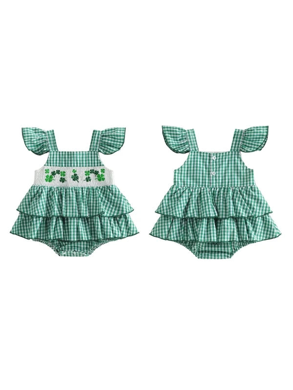 Baby Girl Summer Romper Classic Ruffle Sleeveless Shamrock Embroidery Bodysuit Newborn Playsuit - Hands & Toes