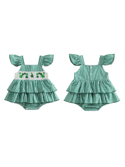 Baby Girl Summer Romper Classic Ruffle Sleeveless Shamrock Embroidery Bodysuit Newborn Playsuit - Hands & Toes