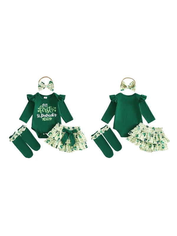 Baby Girls Irish Outfit Long Sleeve Shamrock Letter Print Romper Shorts Headband Socks Set Infant Clothes