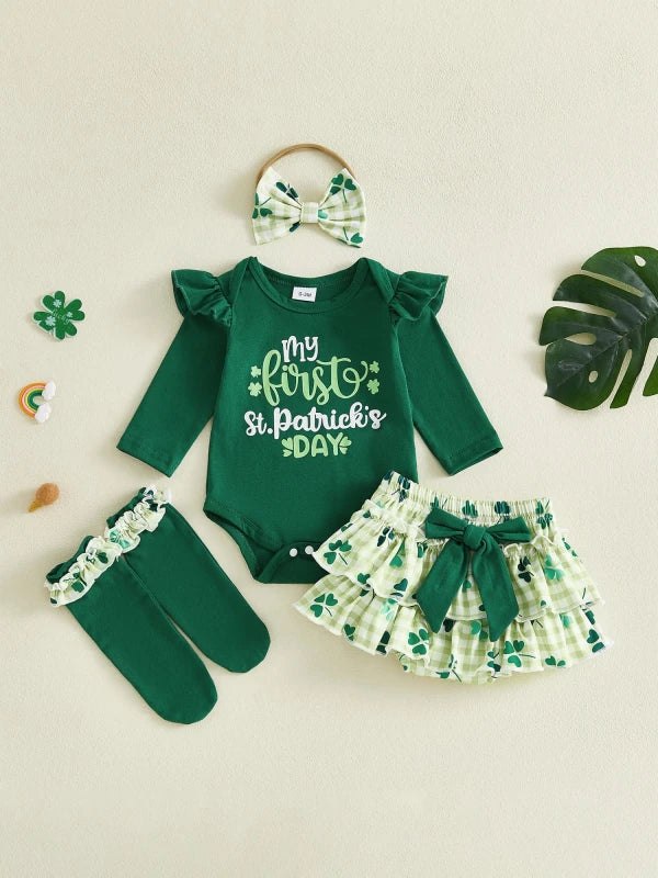Baby Girls Irish Outfit Long Sleeve Shamrock Letter Print Romper Shorts Headband Socks Set Infant Clothes